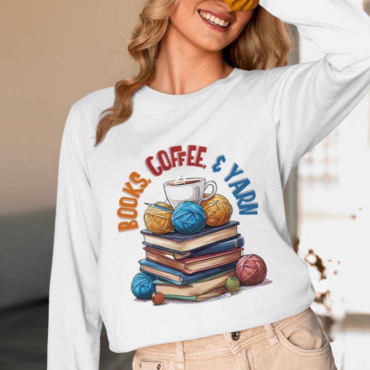 “Books Coffee & Yarn Enthusiast Cozy Reader Unisex Long Sleeve T-Shirt “Books Coffee & Yarn Enthusiast Cozy Reader Unisex Long Sleeve T-Shirt