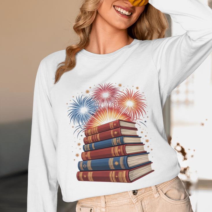Books Fireworks 4th Of July Bookworm Patriotic Reader Unisex Long Sleeve T-Shirt