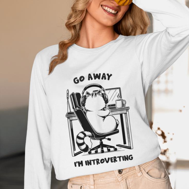Cat With Coffee On Computer Go Away I'm Introverting Unisex Long Sleeve T-Shirt Cat With Coffee On Computer Go Away I'm Introverting Unisex Long Sleeve T-Shirt