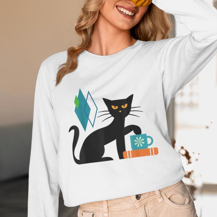 Cat Midcentury With Book And Coffee Atomic Age Mid Century Unisex Long Sleeve T-Shirt
