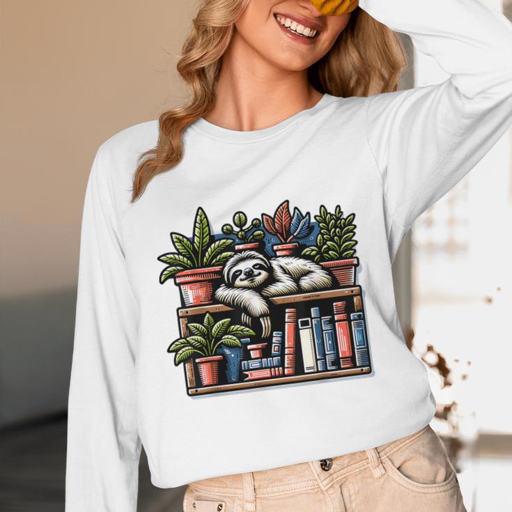 Cosy Sloth In Bookshelf With Plants Unisex Long Sleeve T-Shirt Cosy Sloth In Bookshelf With Plants Unisex Long Sleeve T-Shirt