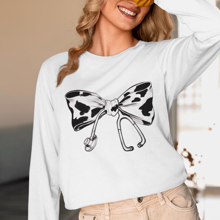 Cow Print Bow And Stethoscope Nurse RN Graduation Coquette Unisex Long Sleeve T-Shirt