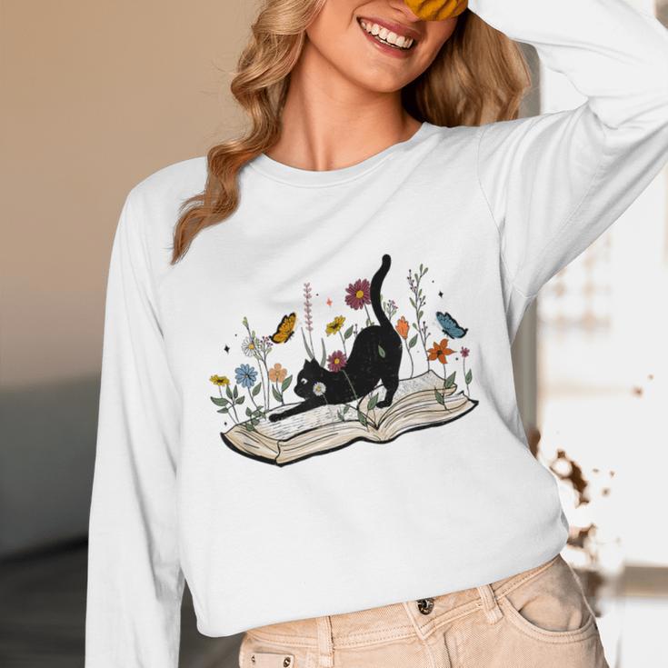 Cute Cat Flower Garden Book Kitty Reading Floral Men Women Girls Kids Unisex Long Sleeve T-Shirt