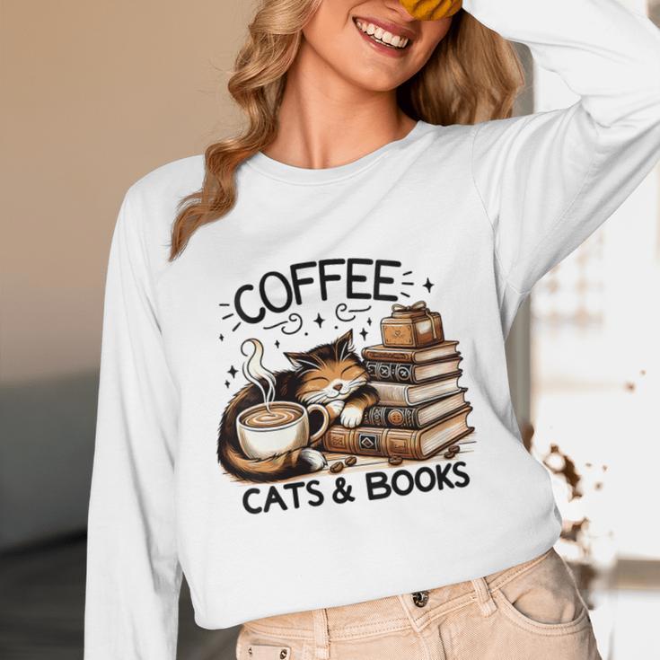 Cute Coffee Cats Books Lover Idea Women Men Kids Unisex Long Sleeve T-Shirt