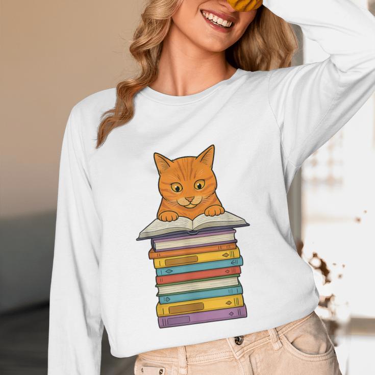 Cute Orange Tabby Cat Reading On Pile Of Books Unisex Long Sleeve T-Shirt Cute Orange Tabby Cat Reading On Pile Of Books Unisex Long Sleeve T-Shirt