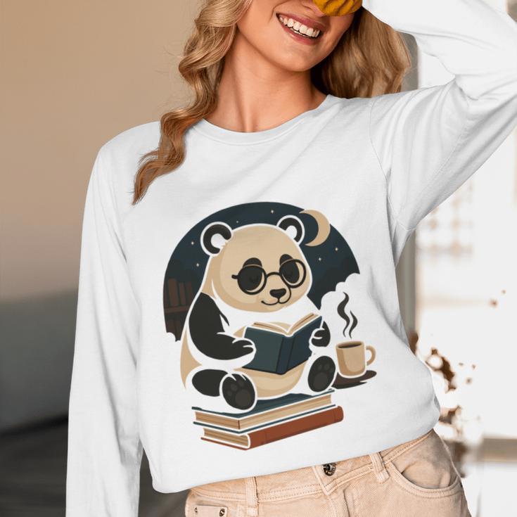 Cute Panda Reading Book Under Moon Bookworm Coffee Lover Unisex Long Sleeve T-Shirt