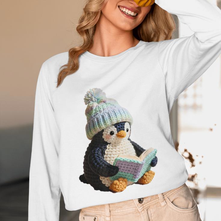 Cute Penguin Reading Book Faux-Crochet Print Unisex Long Sleeve T-Shirt