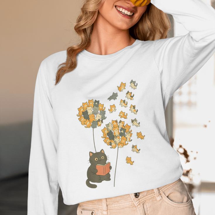 Cute Reading Cat With Kitten Dandelion Flowers Book Lover Unisex Long Sleeve T-Shirt Cute Reading Cat With Kitten Dandelion Flowers Book Lover Unisex Long Sleeve T-Shirt