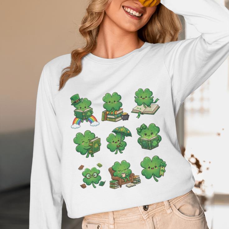 Cute Shamrock Reading St Patricks Day Teacher Book Lovers Unisex Long Sleeve T-Shirt
