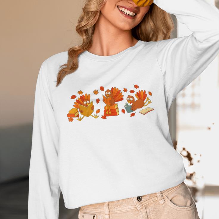 Cute Turkey Reading Book Librarian Bookworm Thanksgiving Men Unisex Long Sleeve T-Shirt