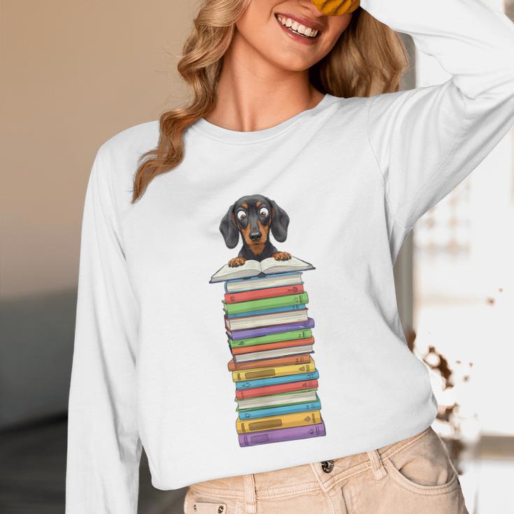 Cute Wiener Dog Dachshund Reading On Pile Of Books Unisex Long Sleeve T-Shirt