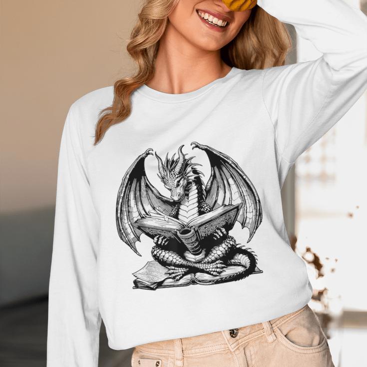 Dragon Reading Book Bookworm Books Dragon Lover Learning Unisex Long Sleeve T-Shirt
