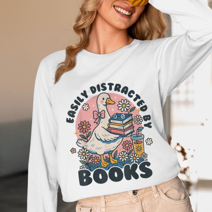 Easily Distracted By Books Read Goose Lover Bookworm Reading Unisex Long Sleeve T-Shirt