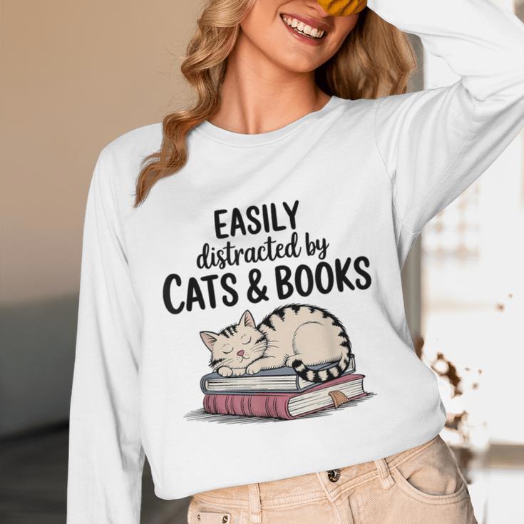 Easily Distracted By Cats And Books Cute Book Lover Unisex Long Sleeve T-Shirt Easily Distracted By Cats And Books Cute Book Lover Unisex Long Sleeve T-Shirt