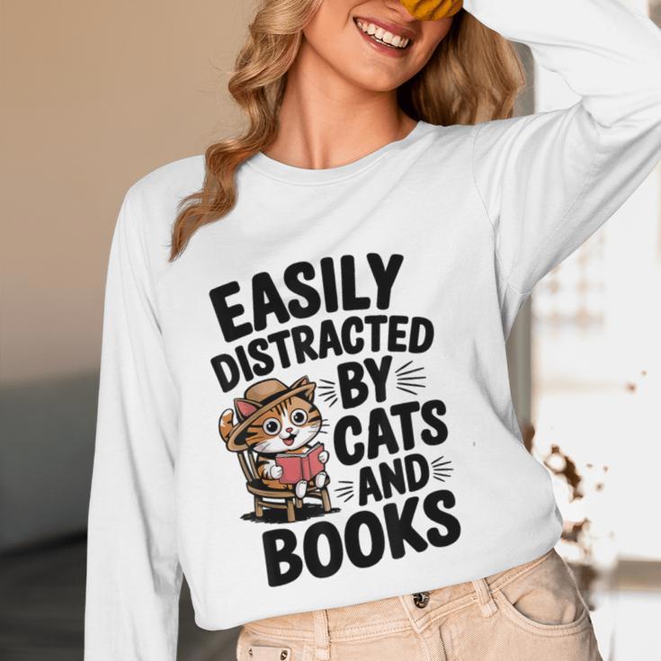 Easily Distracted By Cats And Books Lovers Reading Unisex Long Sleeve T-Shirt