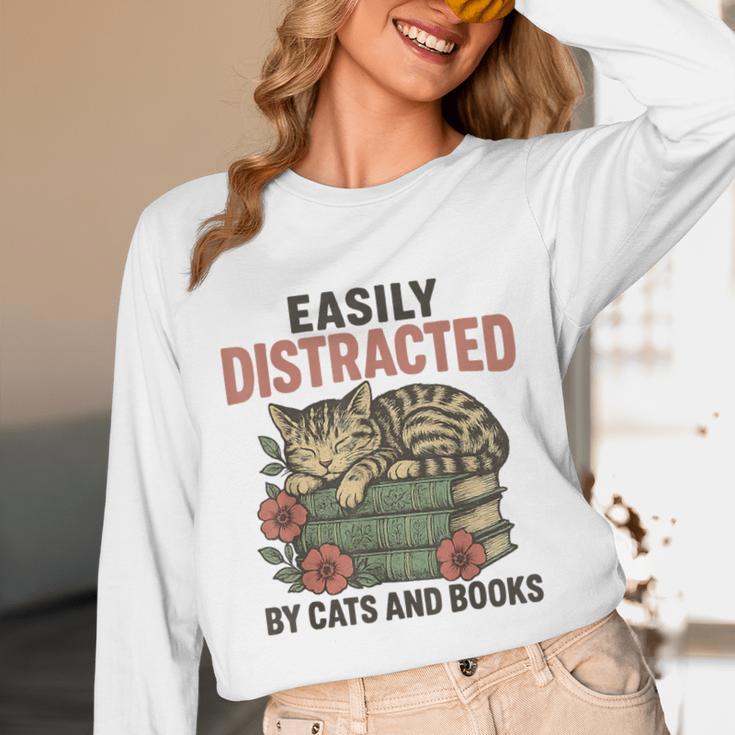 Easily Distracted By Cats And Books Vintage Unisex Long Sleeve T-Shirt Easily Distracted By Cats And Books Vintage Unisex Long Sleeve T-Shirt