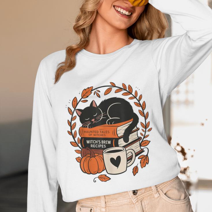 Fall Book Teacher Cat Books Halloween Autumn Librarian Unisex Long Sleeve T-Shirt