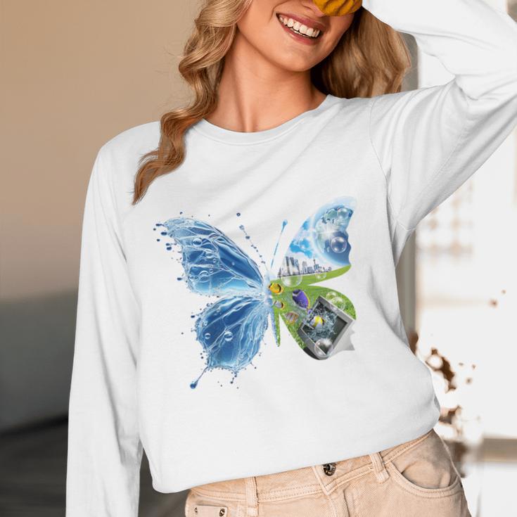 Frutiger Aero Aesthetic Butterfly Computer Fishes Scenery Raglan Baseball Tee Unisex Long Sleeve T-Shirt