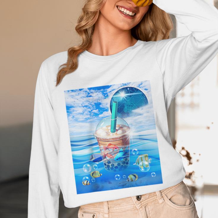 Frutiger Aero Aesthetic Tech Bubble Tea Boba Milktea Fishes Raglan Baseball Tee Unisex Long Sleeve T-Shirt