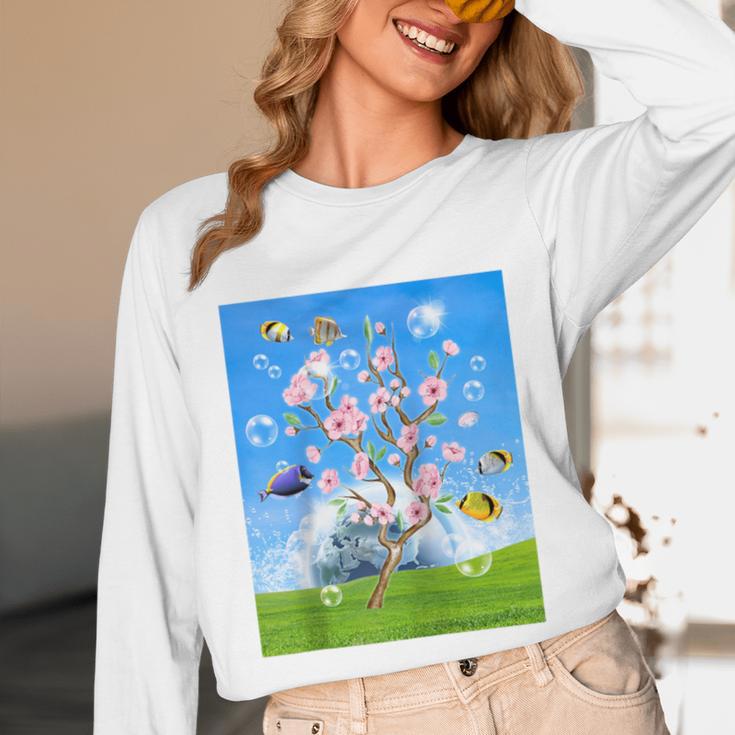 Frutiger Aero Aesthetic Tech Cherry Blossom Fishes Bubbles Raglan Baseball Tee Unisex Long Sleeve T-Shirt