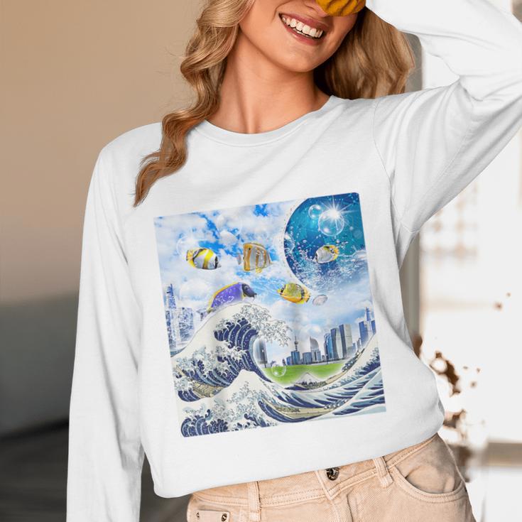 Frutiger Aero Aesthetic Tech Great Wave Of Kanagawa Fishes Raglan Baseball Tee Unisex Long Sleeve T-Shirt