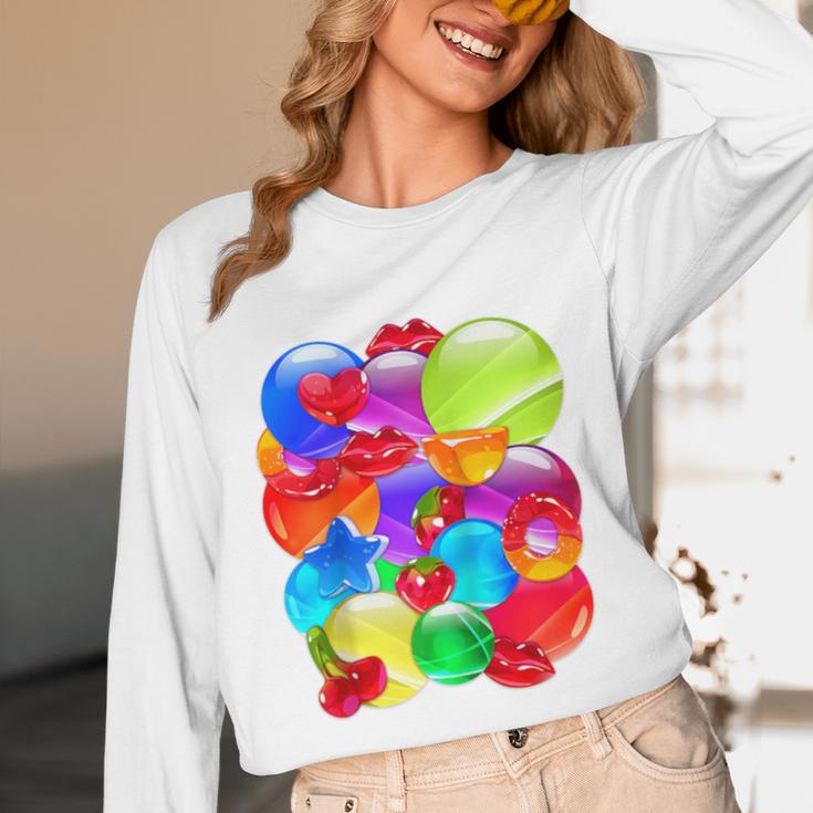 Frutiger Aero Aesthetic Tech Orb Pattern Heart Cherry Lips Raglan Baseball Tee Unisex Long Sleeve T-Shirt