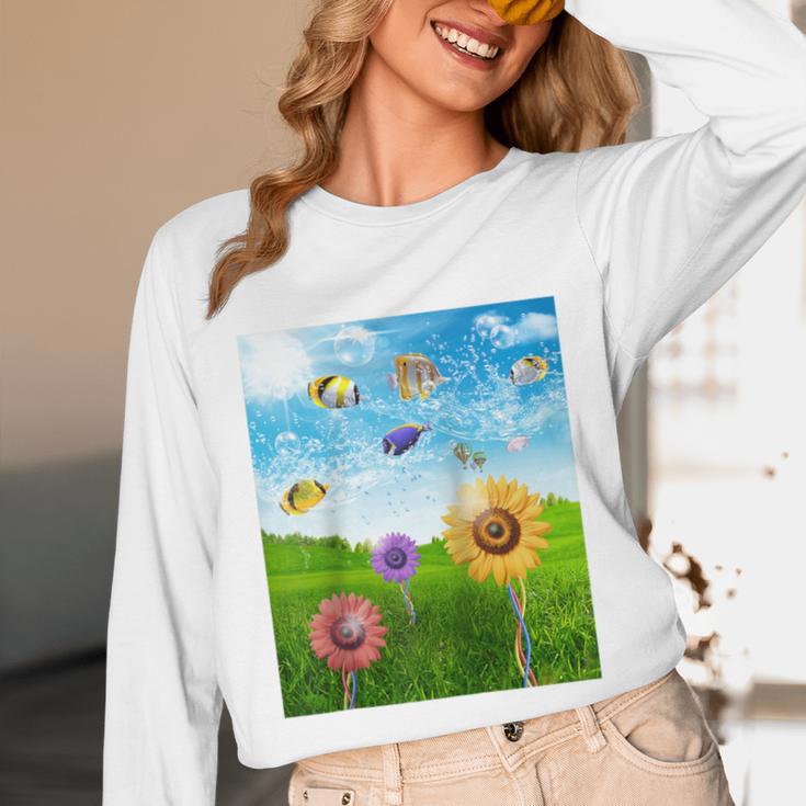 Frutiger Aero Aesthetic Tech Scenery Fishes Sunflower Raglan Baseball Tee Unisex Long Sleeve T-Shirt