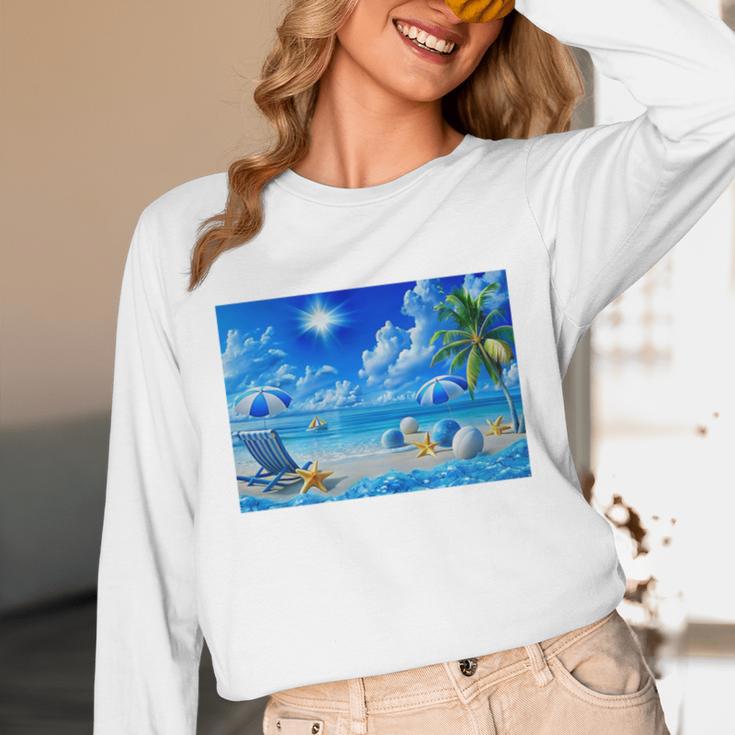 Frutiger Aero Beach Y2k Aesthetic Palm Tree Sand Ocean Premium Unisex Long Sleeve T-Shirt