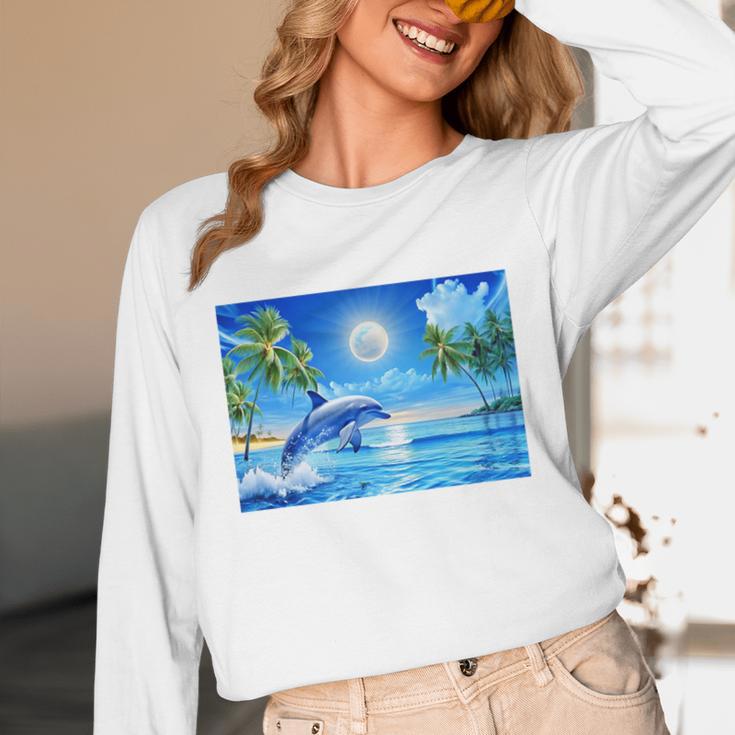 Frutiger Aero Dolphin Sunset Ocean With Palm Trees Y2k Premium Unisex Long Sleeve T-Shirt