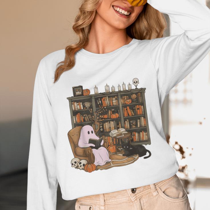 Ghost Reading Book Cat Lover Halloween Reading Enthusiast Unisex Long Sleeve T-Shirt