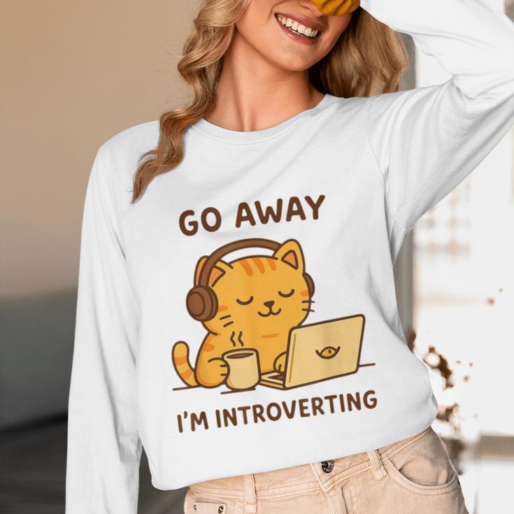 Go Away I'm Introverting Cozy Cat With Laptop And Coffee Unisex Long Sleeve T-Shirt Go Away I'm Introverting Cozy Cat With Laptop And Coffee Unisex Long Sleeve T-Shirt