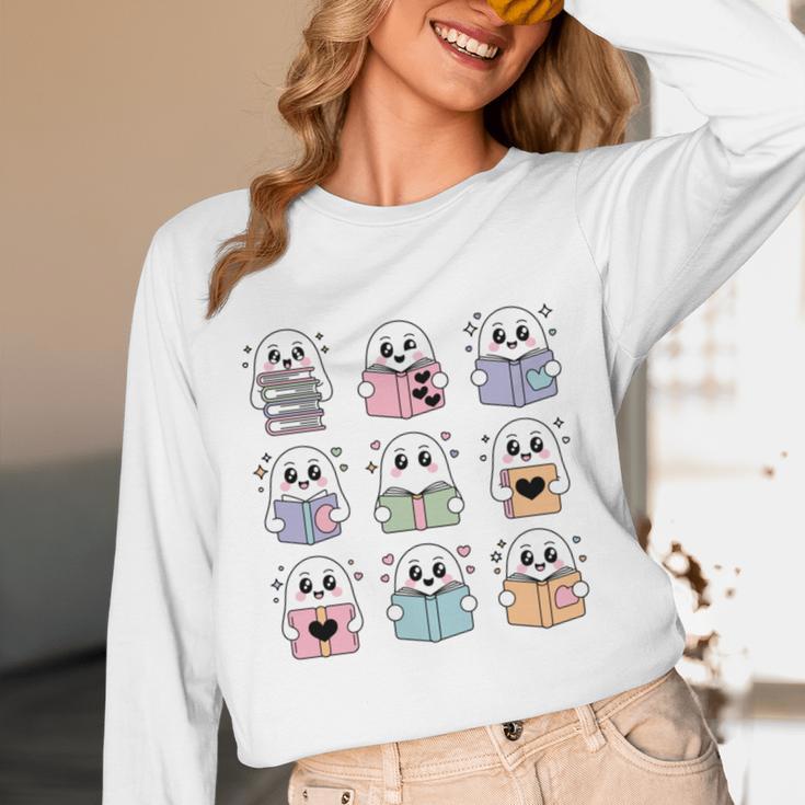 Halloween Ghosts Reading Books Pattern Spooky Kawaii Anime Unisex Long Sleeve T-Shirt