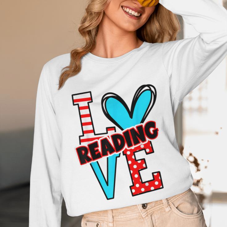 I Heart Books Love Reading Red And Stripe Animated Cat For Men Women Girls Kids Unisex Long Sleeve T-Shirt