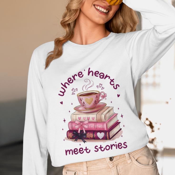 Where Hearts Groovy Meet Stories Coffee Books Valentines Day Unisex Long Sleeve T-Shirt
