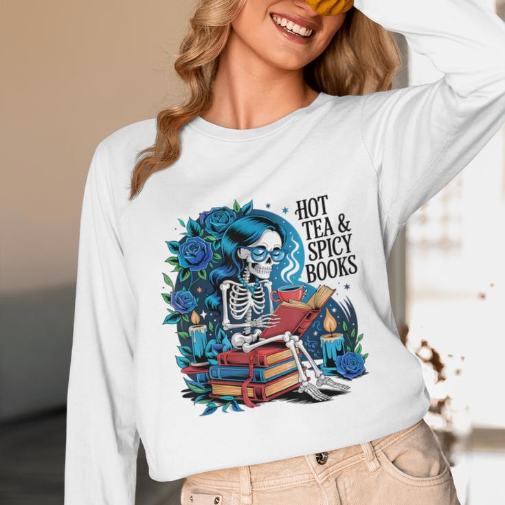 Hot Tea & Spicy Books Skeleton Reader Unisex Long Sleeve T-Shirt Hot Tea & Spicy Books Skeleton Reader Unisex Long Sleeve T-Shirt