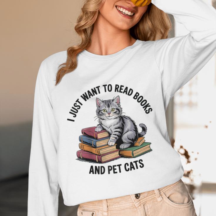 I Just Want To Read Books And Pet Cats Raglan Baseball Tee Unisex Long Sleeve T-Shirt