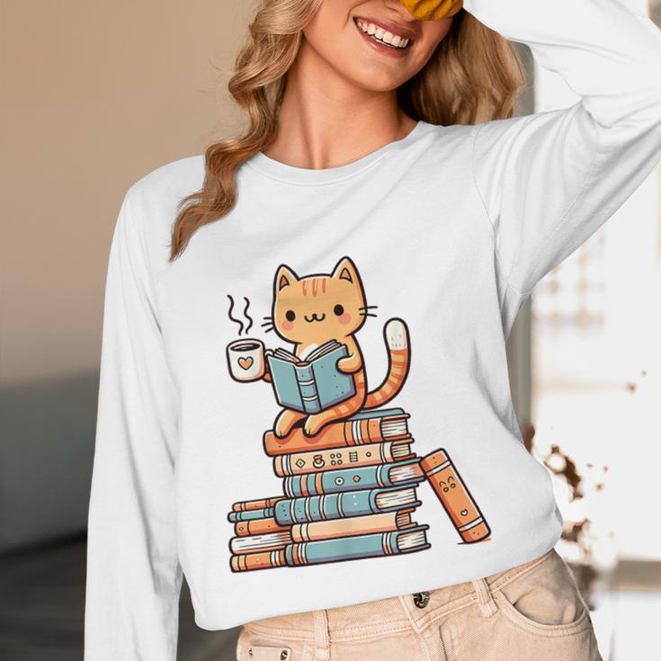 Kawaii Cat Coffee Books Teacher Men Women Girls Kids Unisex Long Sleeve T-Shirt