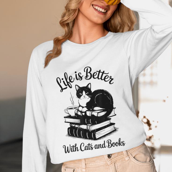Life Is Better With Cats & Books Tuxedo Cat Mom Women Unisex Long Sleeve T-Shirt Life Is Better With Cats & Books Tuxedo Cat Mom Women Unisex Long Sleeve T-Shirt