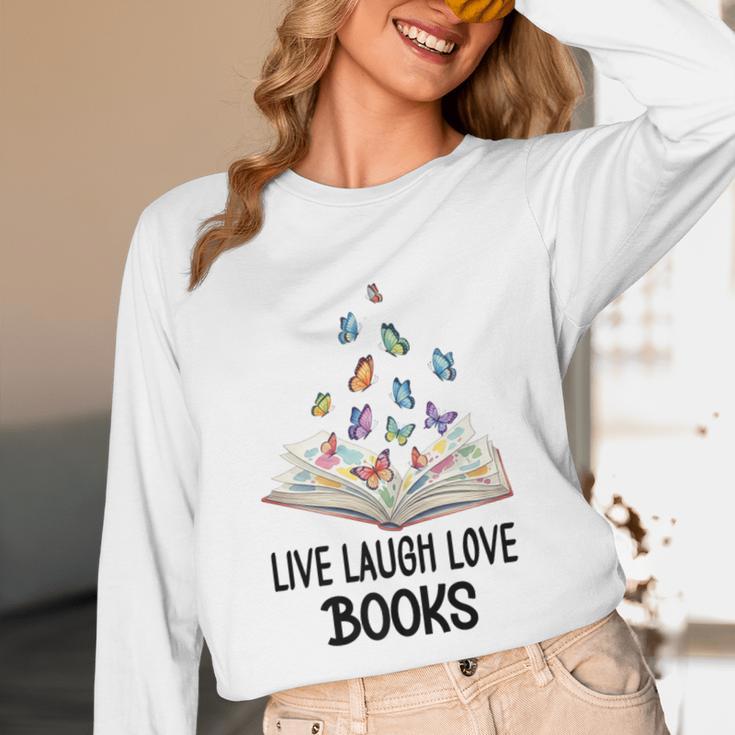 Live Laugh & Love Books Reading Butterfly Book Lover Bookish Premium Unisex Long Sleeve T-Shirt