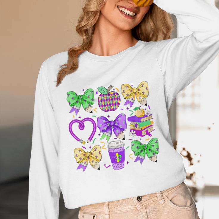 Mardi Gras Teacher Coquette Bow Pencil Apple Book Women Girl Unisex Long Sleeve T-Shirt
