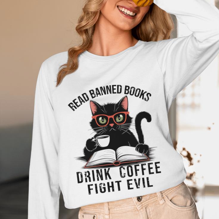Read Banned Books Drink Coffee Fight Evil Retro Cat Unisex Long Sleeve T-Shirt