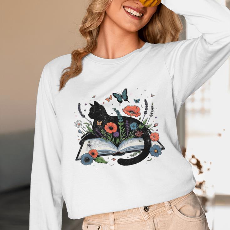 Retro Cute Cat Floral Book Librarian Vintage Floral Cat Book Unisex Long Sleeve T-Shirt