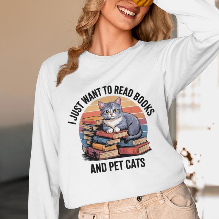 Retro I Just Want To Read Books And Pet Cats Cat Unisex Long Sleeve T-Shirt