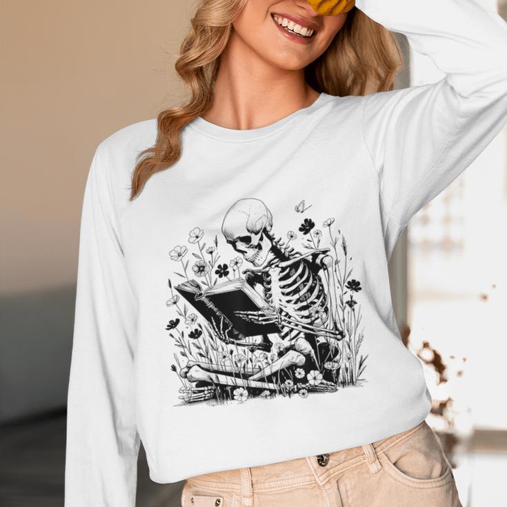 Skeleton Skull Halloween Book Reading Books Lover Teacher Unisex Long Sleeve T-Shirt
