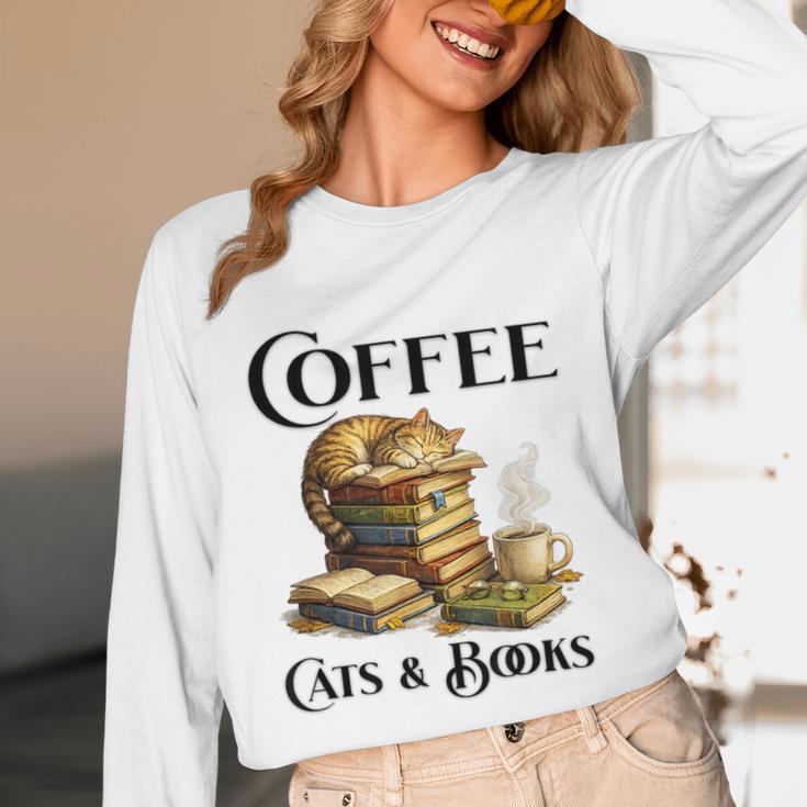 Sleeping Cat And Books With Coffee Lover Unisex Long Sleeve T-Shirt