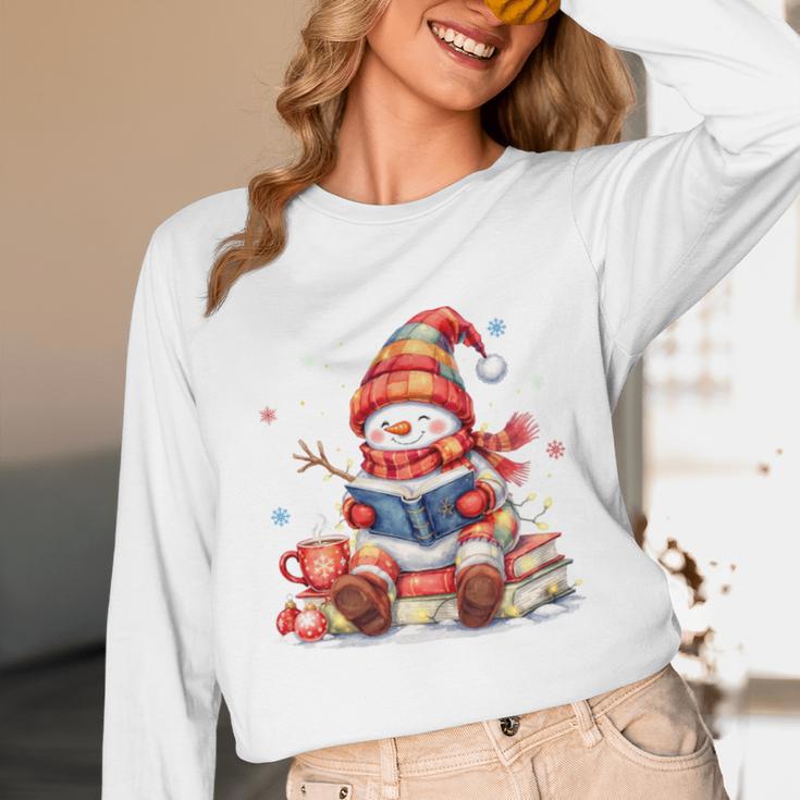 Snowman Reading Books Lovers Christmas Librarian Bookworm Unisex Long Sleeve T-Shirt