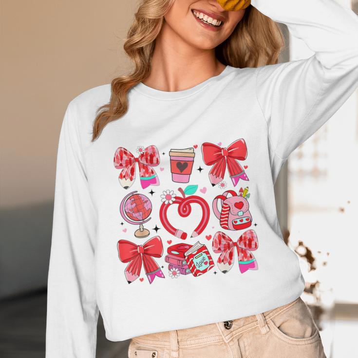 Valentine Teacher Coquette Bow Pencil Heart Book Girl Women Unisex Long Sleeve T-Shirt