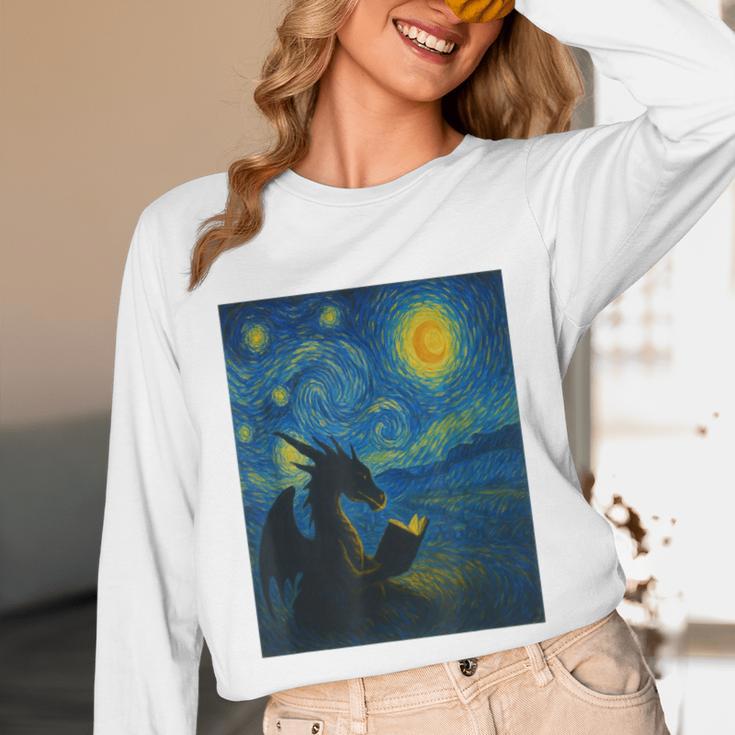 Van Gogh Starry Night Fantasy Reader Dragon Reading Book Unisex Long Sleeve T-Shirt Van Gogh Starry Night Fantasy Reader Dragon Reading Book Unisex Long Sleeve T-Shirt