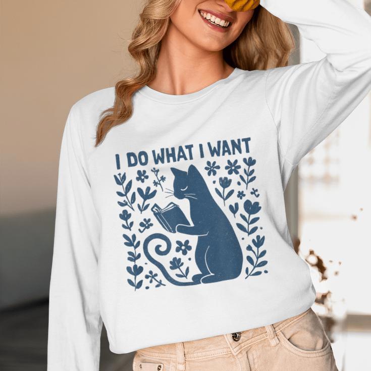 I Do What I Want Cat Reading Book Boho Flowers Vintage Unisex Long Sleeve T-Shirt