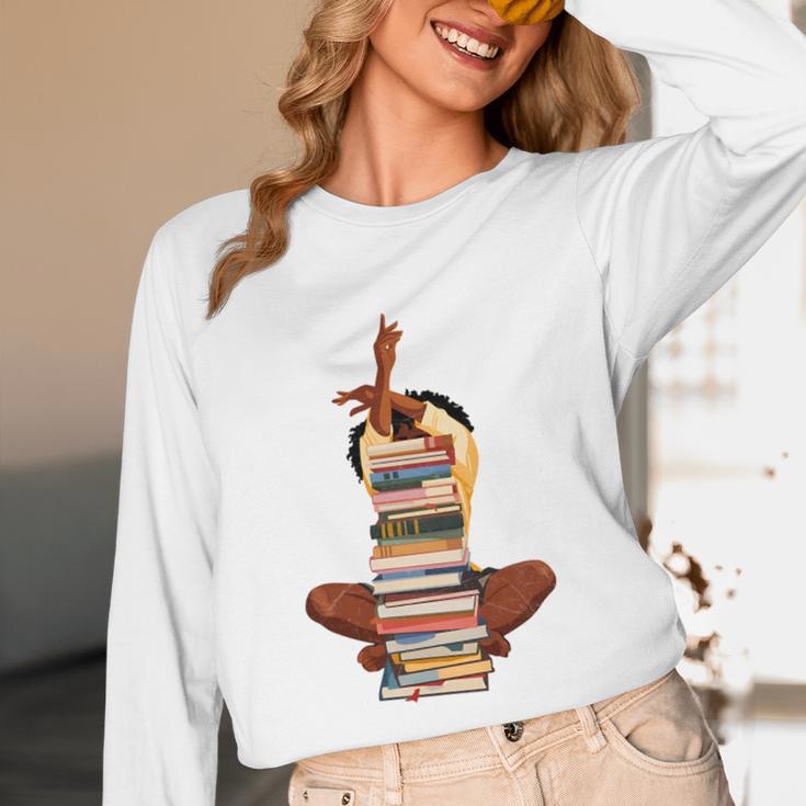 Woman And Books Stack Afro Girl Book Lover Unisex Long Sleeve T-Shirt